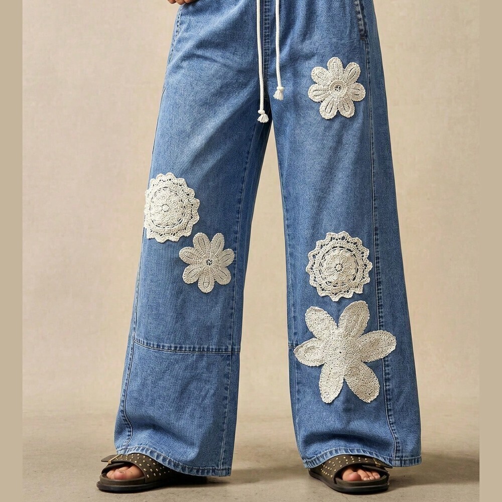 Blue Crochet Flower Applique Drawstring Wide Leg Jogger Jeans